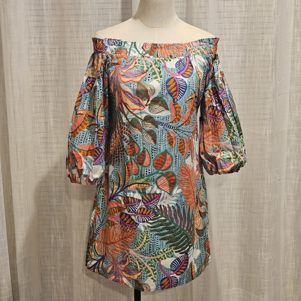 Vince Camuto Off The Shoulder 3/4 Bubble Sleeve Shift Dress:Aqua Tropical:Size-4
